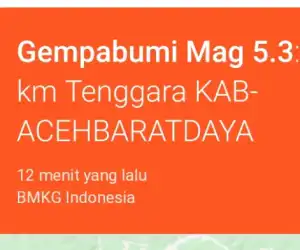 Gempa Berskala 5.3 SR Guncang Aceh Barat Daya