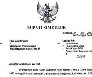 Bupati Simeulue Keluarkan Himbauan Pelaksaan Hari Raya, Ada Enam Poin Yang Disampaikan