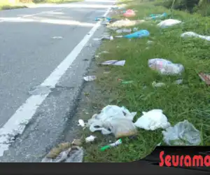 Sampah Rumah Tangga Berserakan di Lintasan Jalan Nasional