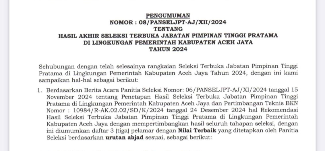 Panitia Umumkan Hasil Seleksi Jabatan Pimpinan Tinggi Pratama Aceh Jaya 2024