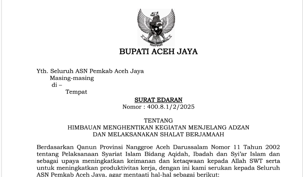 Pemerintah Aceh Jaya Terbitkan Surat Edaran Himbauan Shalat Berjamaah bagi ASN